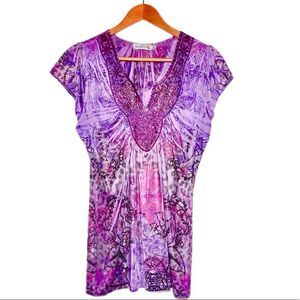 Anthropologie's Unity World Wear Purple Short Sleeve Top, Medium